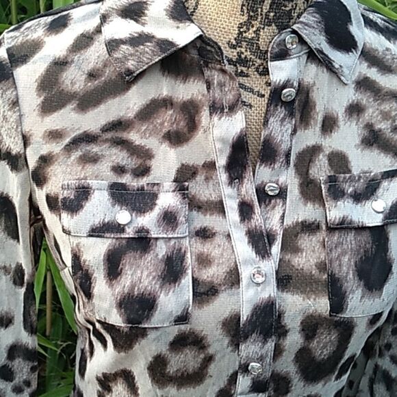 INC International Concepts sheer animal print button up blouse - Picture 6 of 14